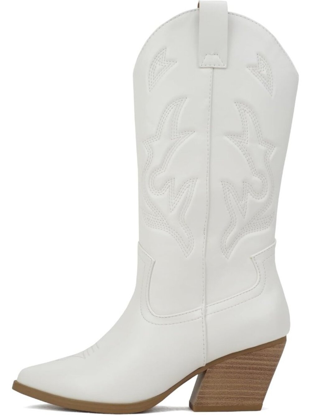 Women's White Western Cowboy Stitched Pointe Toe Heel Ankle Mid Shaft Boots